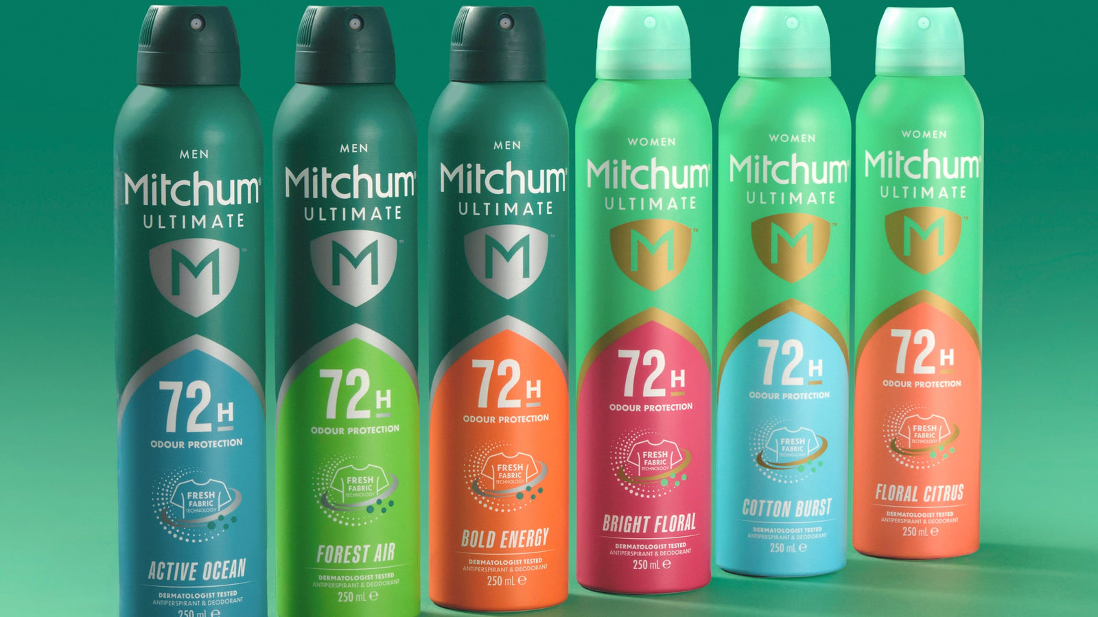 Line of Milchum 6 aerosol deodorant bottles on a green background